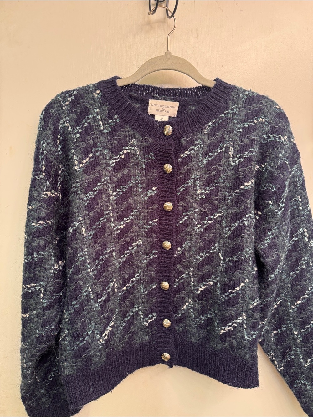 Christopher & Banks navy blue and emerald green patterned button-front cardigan